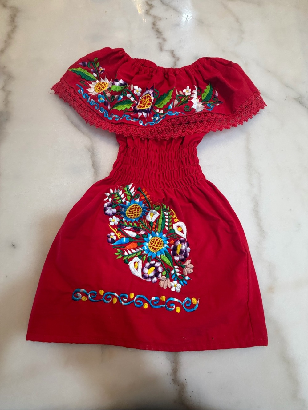 Girls Red Off-Shoulder Embroidered Casual Dress